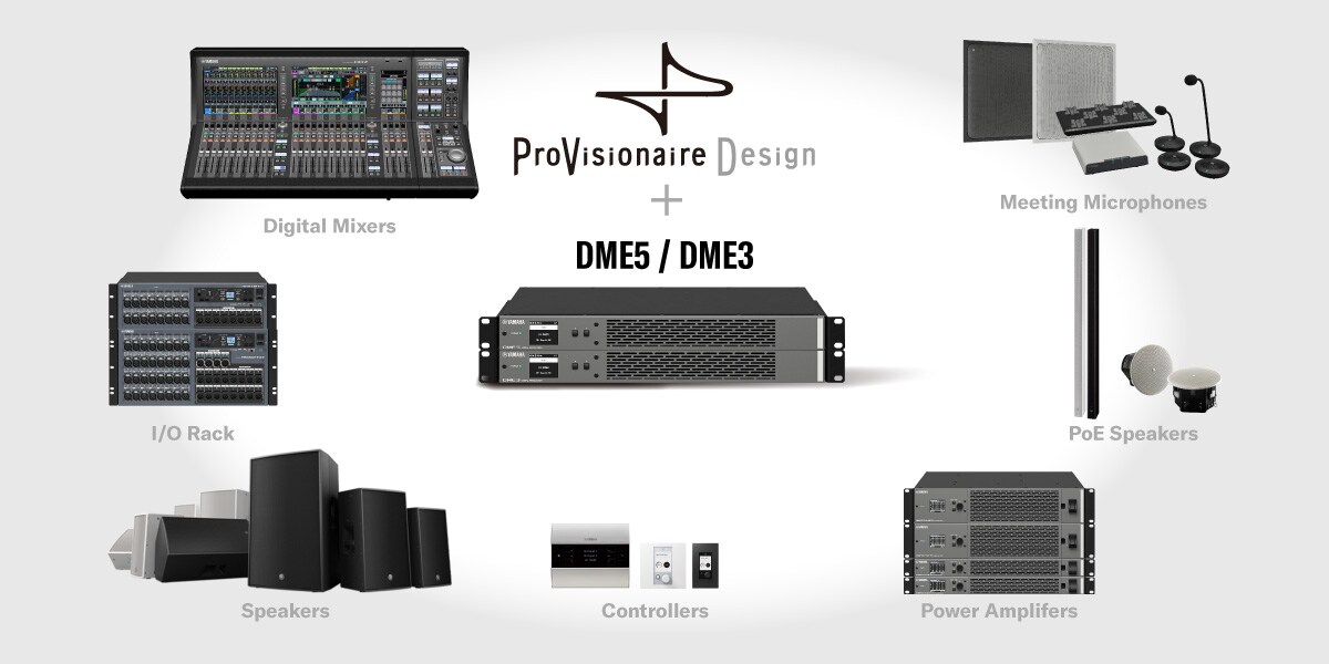 展示 DME5/DME3 與 ProVisionaire Design 共同作為系統核心運作,讓數位混音台、I/O 機櫃、揚聲器、控制器、功率擴大機、PoE 揚聲器以及連接的麥克風,均可在單一位置進行設定的插圖。