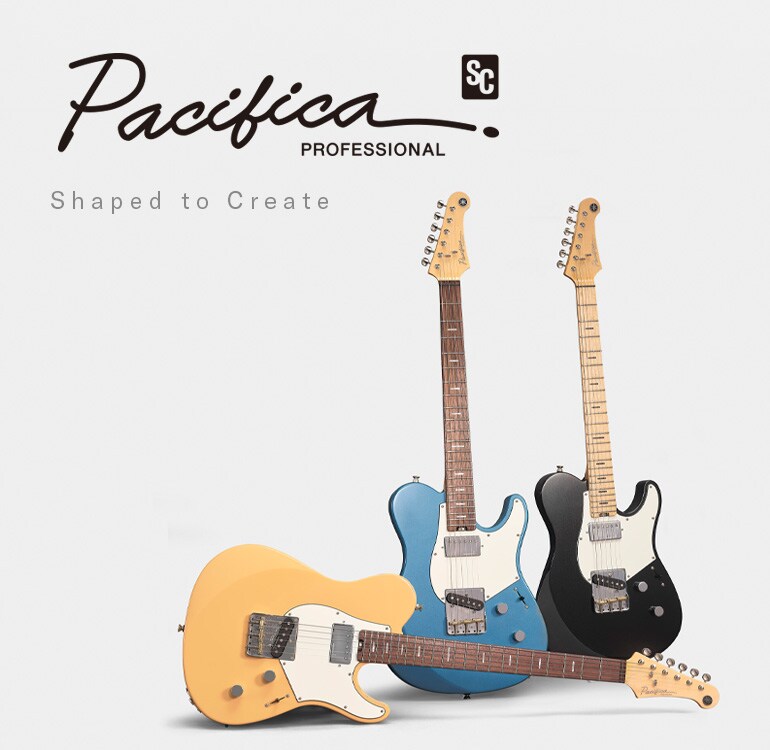 白色背景。左側：Pacifica SC Professional 標誌及 designed to inspire 文字。右側：3 把吉他。
