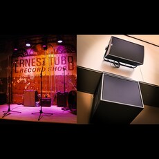 兩張圖片：左側顯示納許維爾 Ernest Tubb Record Shop 內部的現場音樂舞台；右側顯示場館內安裝的兩個壁掛式喇叭