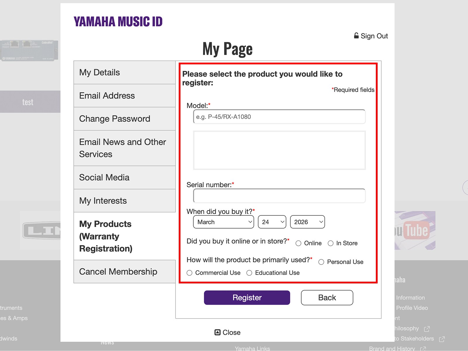 Yamaha Music ID 註冊表單畫面。